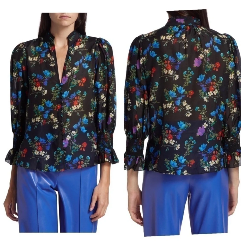 Alice & Olivia llan Silk Floral Long Sleeve button-down, semi sheer blouse Small_2